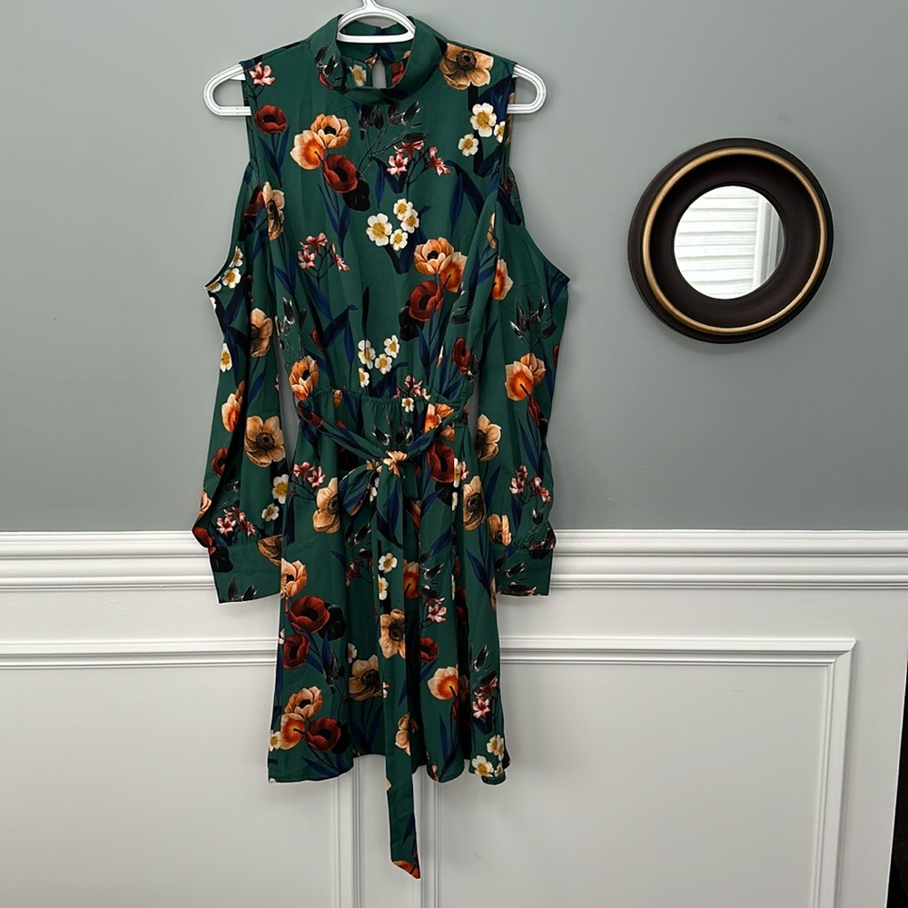 High collar belted teal floral dress • size M